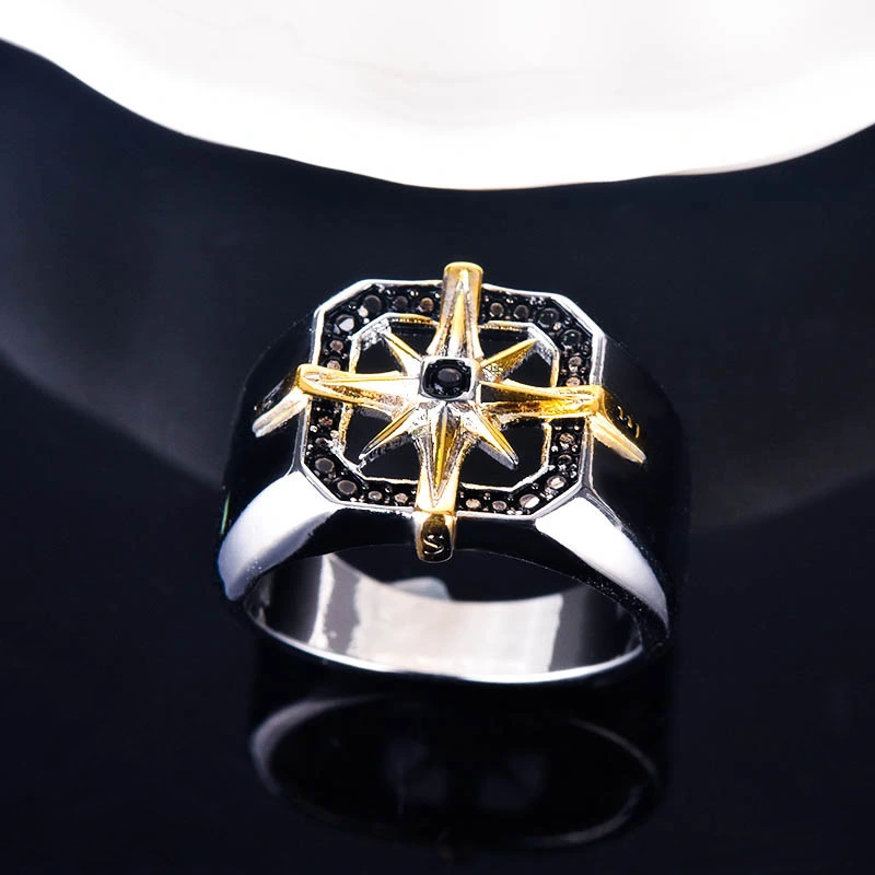 Silver Vintage Men's Compass Seal Two-tone Ring