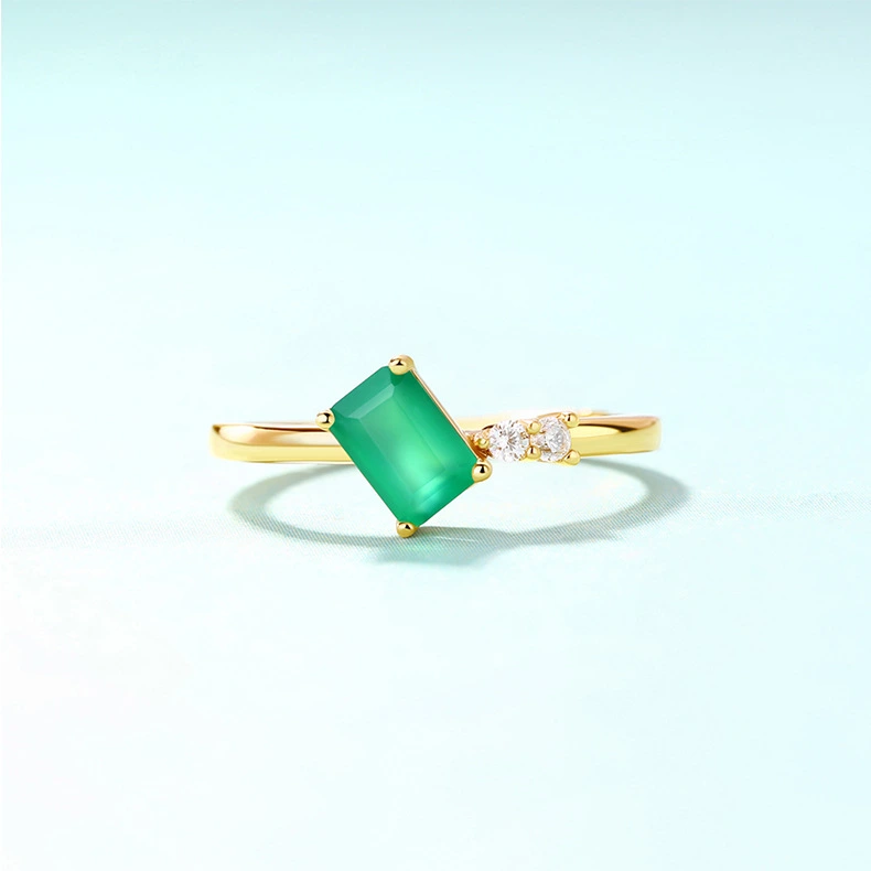 Sterling Silver Green Agate Square Ring Female 9K Gold Plated