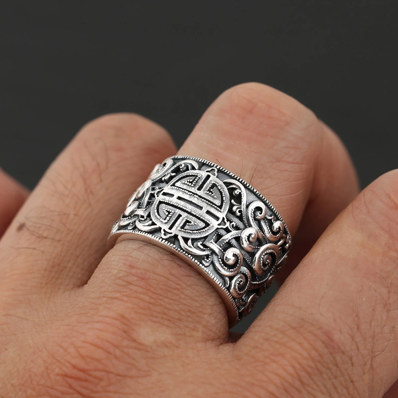 Silver Ring With Embossed Patterns And Old Life Pattern