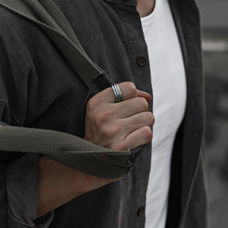 Tang Grass Pattern Ring Men's Vintage Sterling Silver Handmade