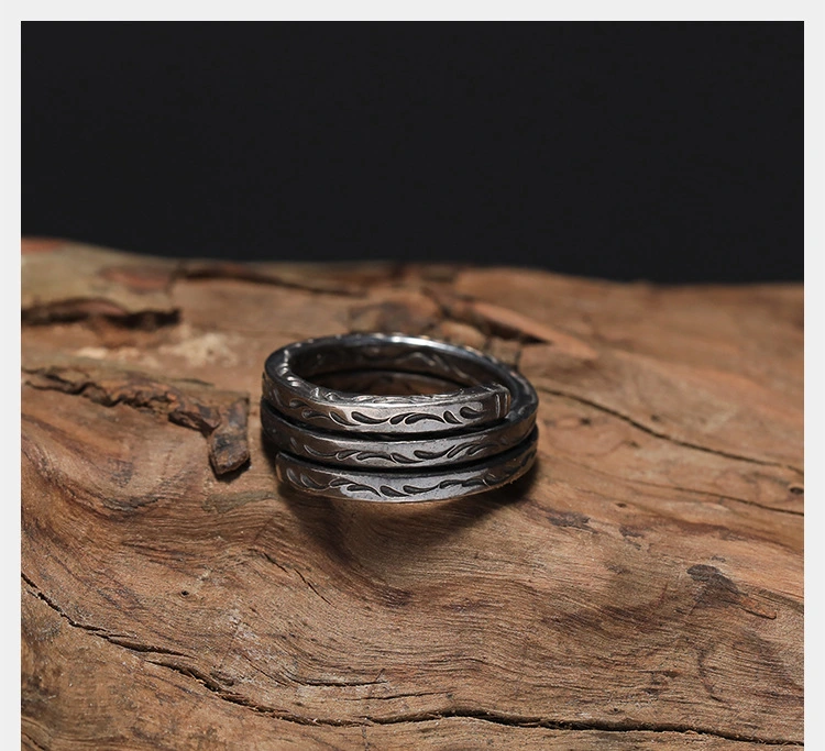 Tang Grass Pattern Ring Men's Vintage Sterling Silver Handmade