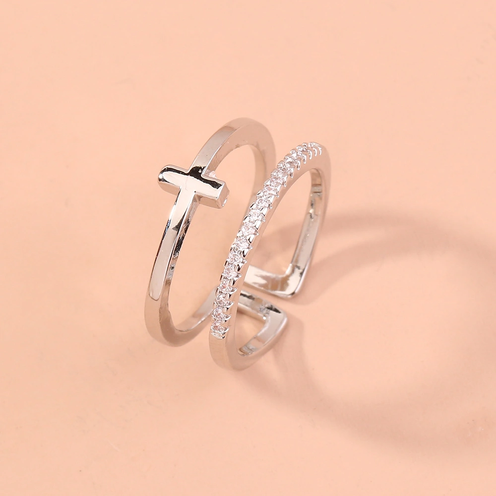 Double-layer adjustable Zircon Cross brass ring