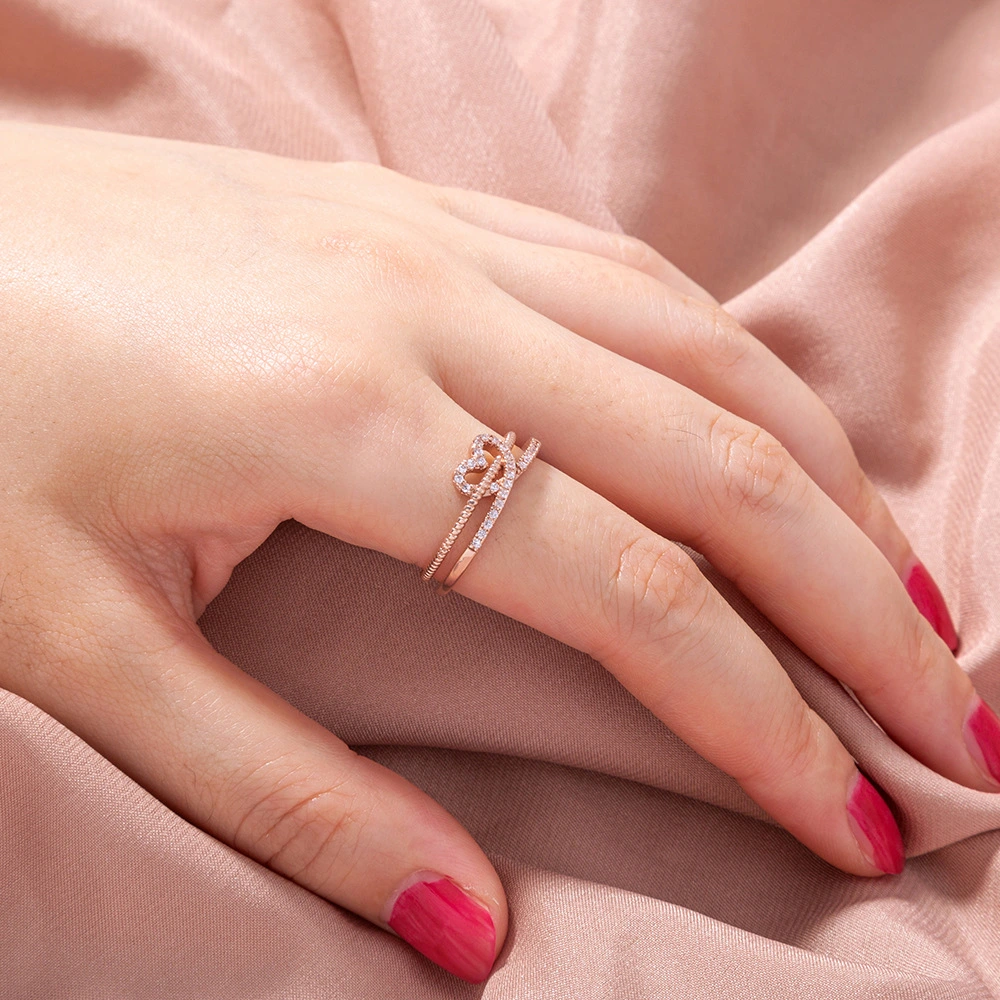 Personalized Love Heart With Double-glazed Zircon Open Adjustable Ring