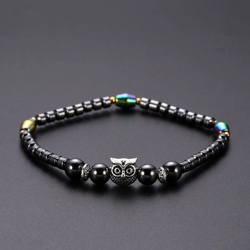 Magnetic Hematite Electroplated AB Color Round Bead Owl Anklet