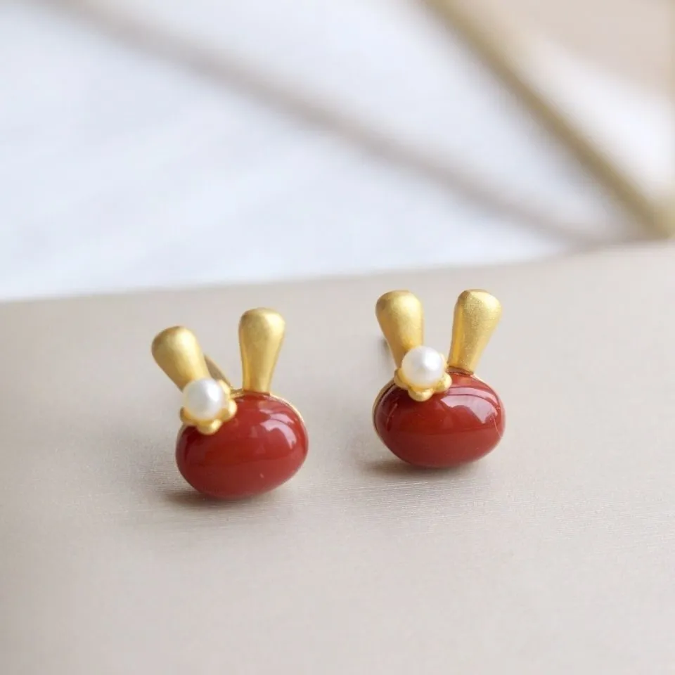 South Red Agate Rabbit Earrings Red Earrings 925 Sterling Silver