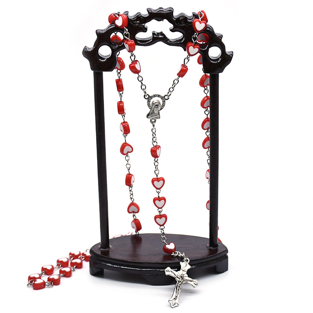 Red Peach Heart Love Cross Rosary Necklace