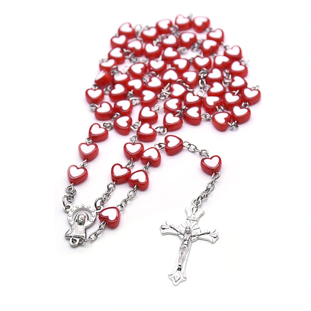 Red Peach Heart Love Cross Rosary Necklace