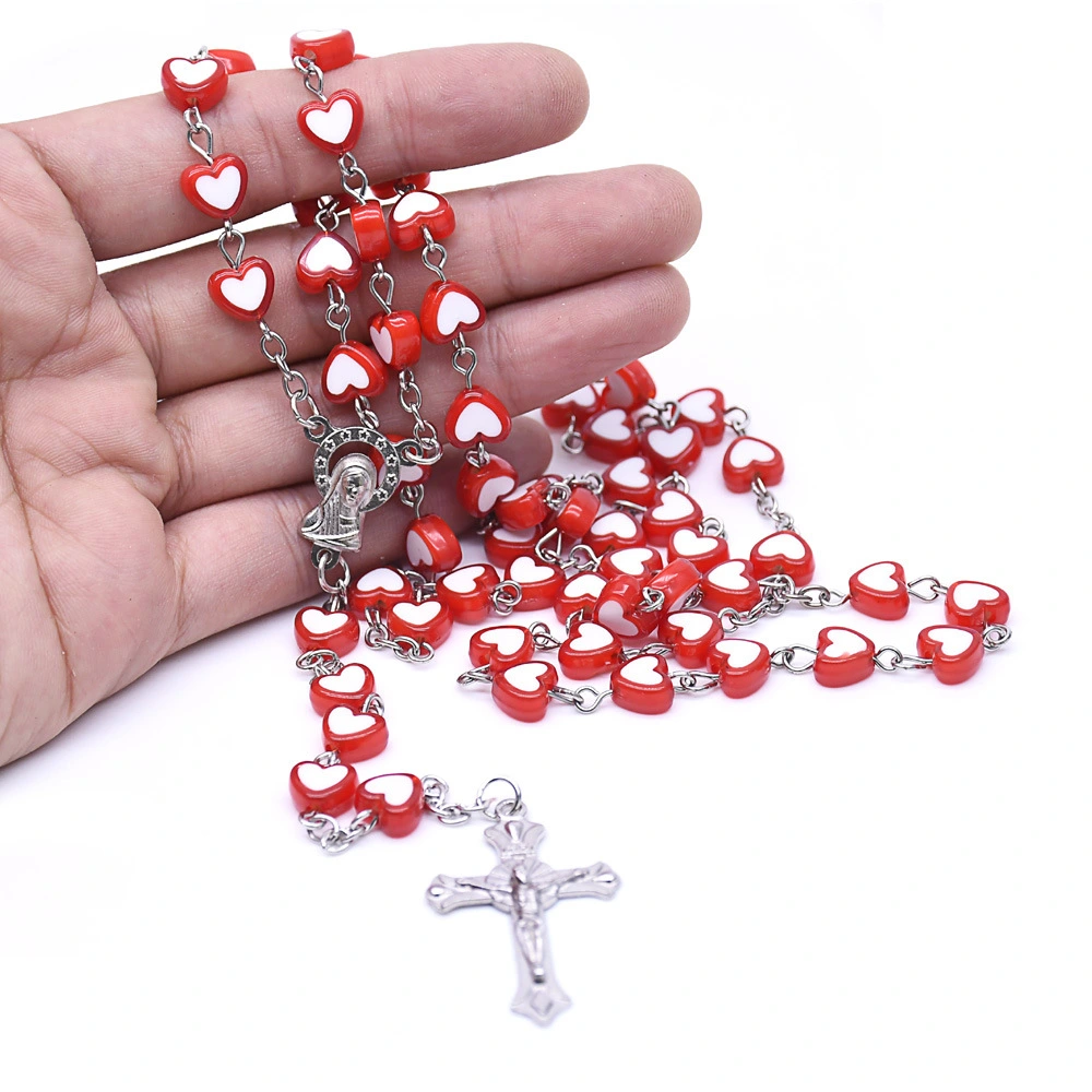 Red Peach Heart Love Cross Rosary Necklace