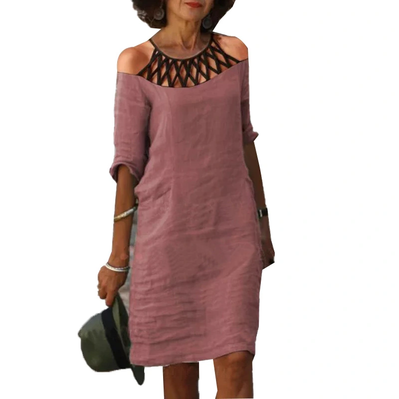 Stitching Strapless A-line Skirt Lace V-neck Dress Women