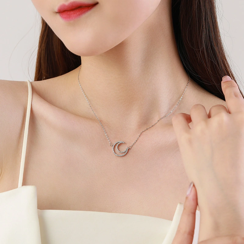 Sterling Silver With Diamonds And Mother-of-pearl Shell Moon Necklace