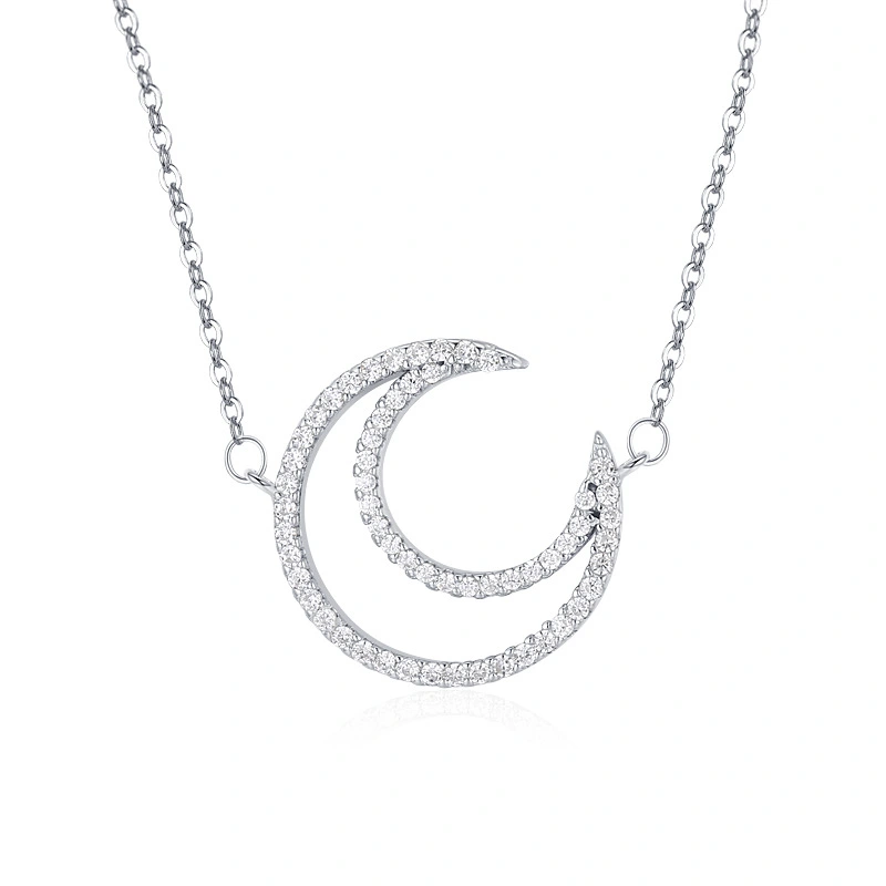 Sterling Silver With Diamonds And Mother-of-pearl Shell Moon Necklace