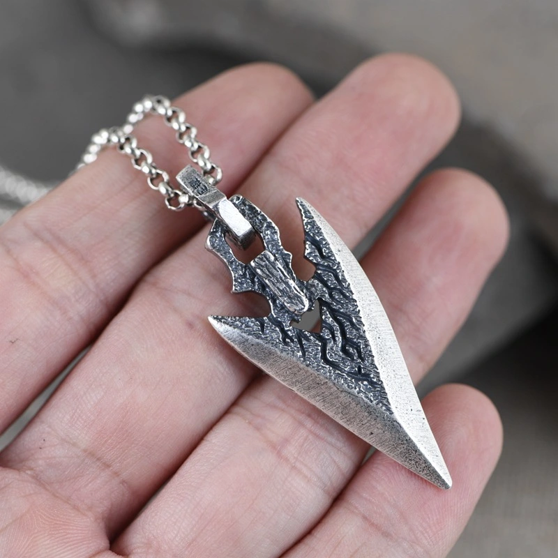 Mens Silver Necklace With Stone Weapon Shape