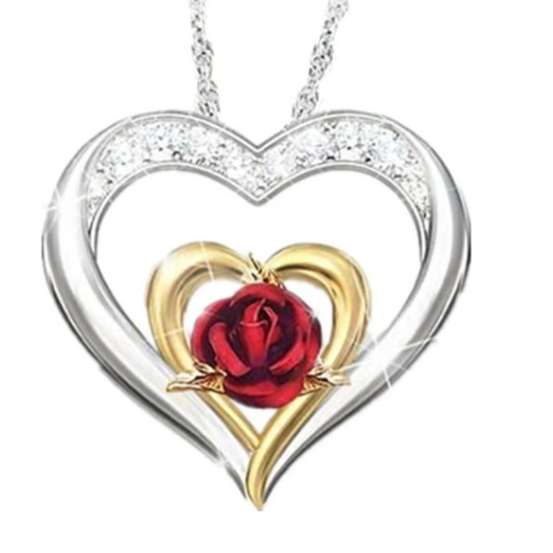 Necklace Openwork Diamond-set Rose Heart-shaped Two-tone