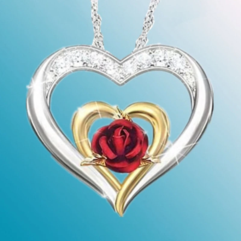 Necklace Openwork Diamond-set Rose Heart-shaped Two-tone