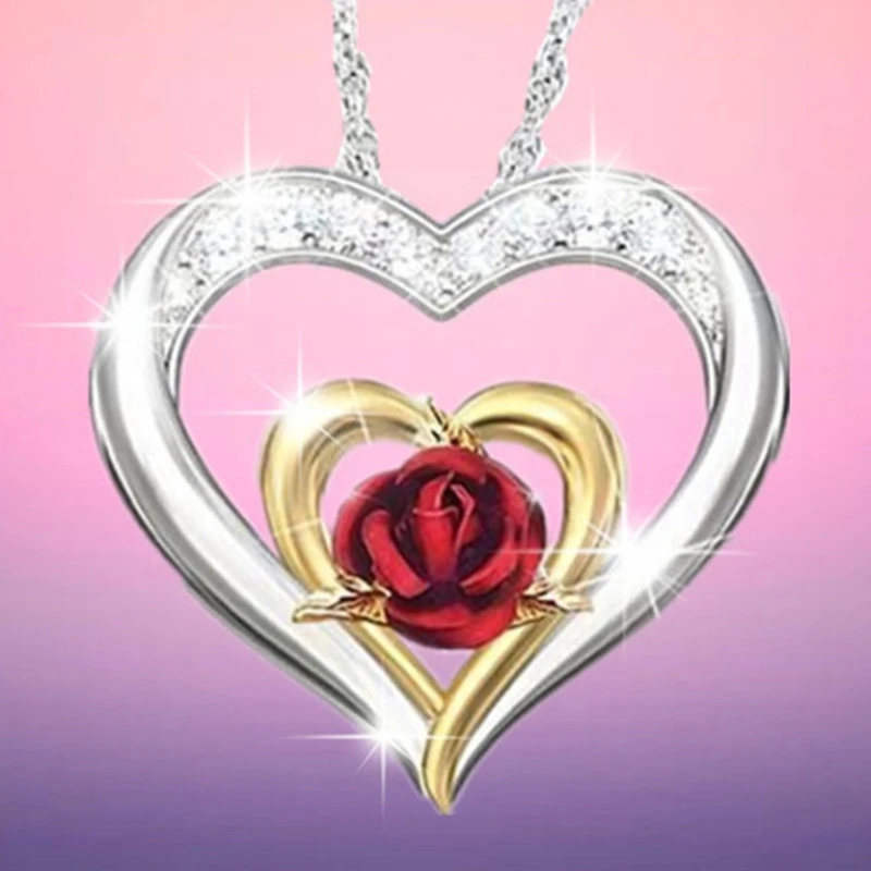 Necklace Openwork Diamond-set Rose Heart-shaped Two-tone