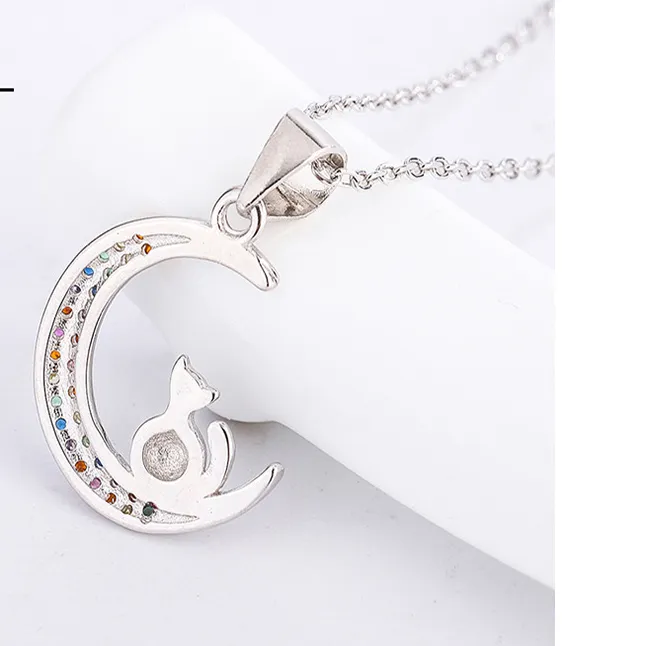 Rainbow Micro Diamond Moon Necklace In Sterling Silver