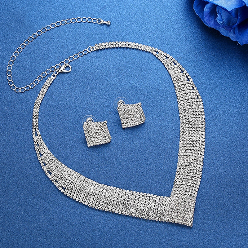 Elegant Shiny Rhinestone Square Earrings Necklace Set