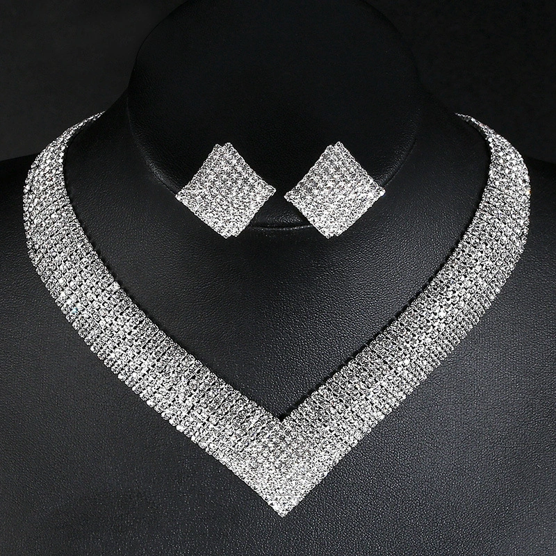 Elegant Shiny Rhinestone Square Earrings Necklace Set