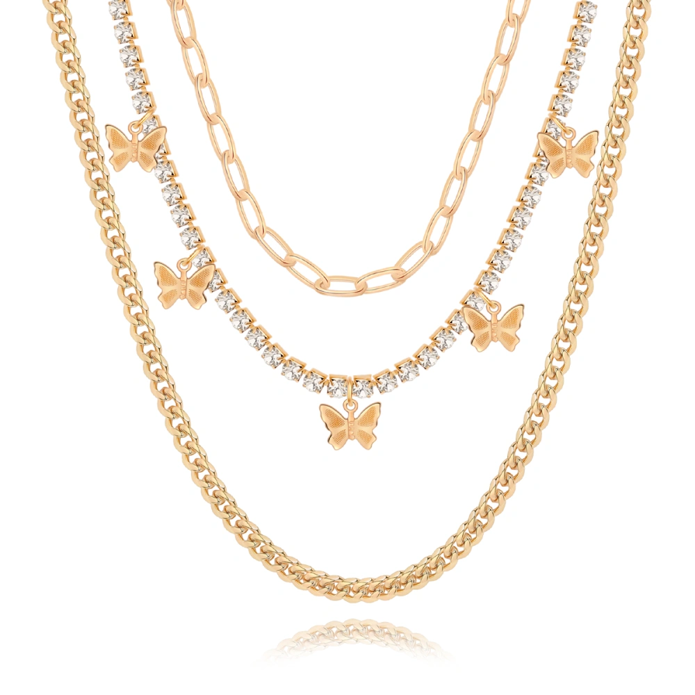 Butterfly diamond-studded multi-layer necklace