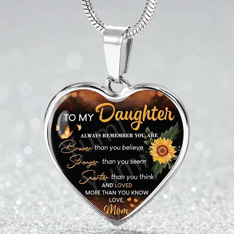 Sunflower To My Daughter Love Mom Heart Epoxy Necklace Inspirational Jewelry