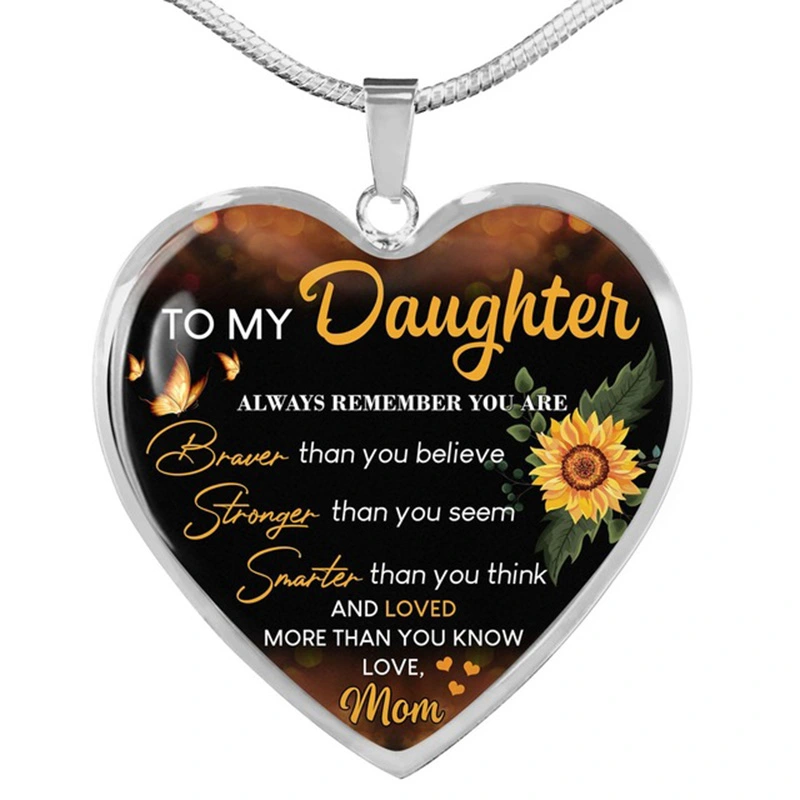 Sunflower To My Daughter Love Mom Heart Epoxy Necklace Inspirational Jewelry