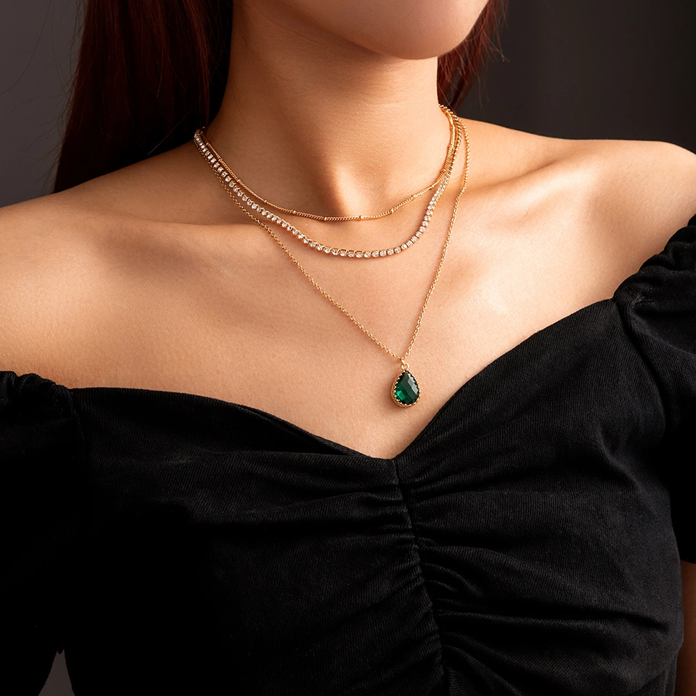 Zircon Green Drop Temperament Multi-layer Necklace