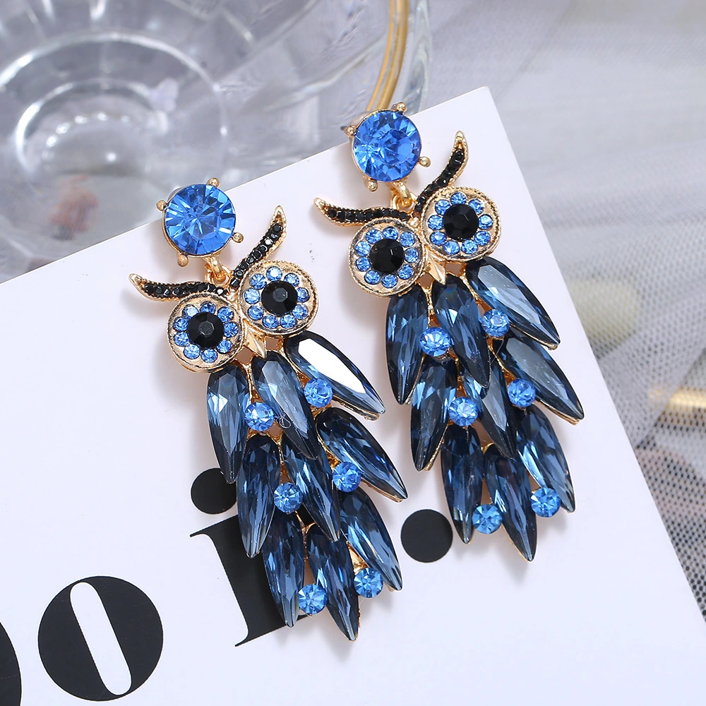 Exaggerated Glass Rhinestone Owl Long Earrings Retro