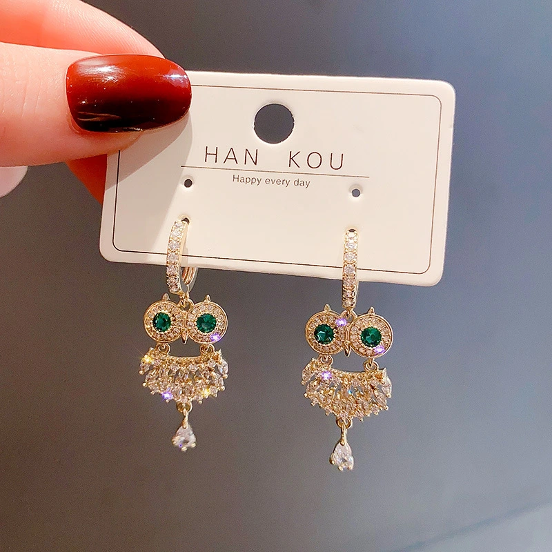 Silver Pin Owl Earrings Female Fashion Micro Inlay