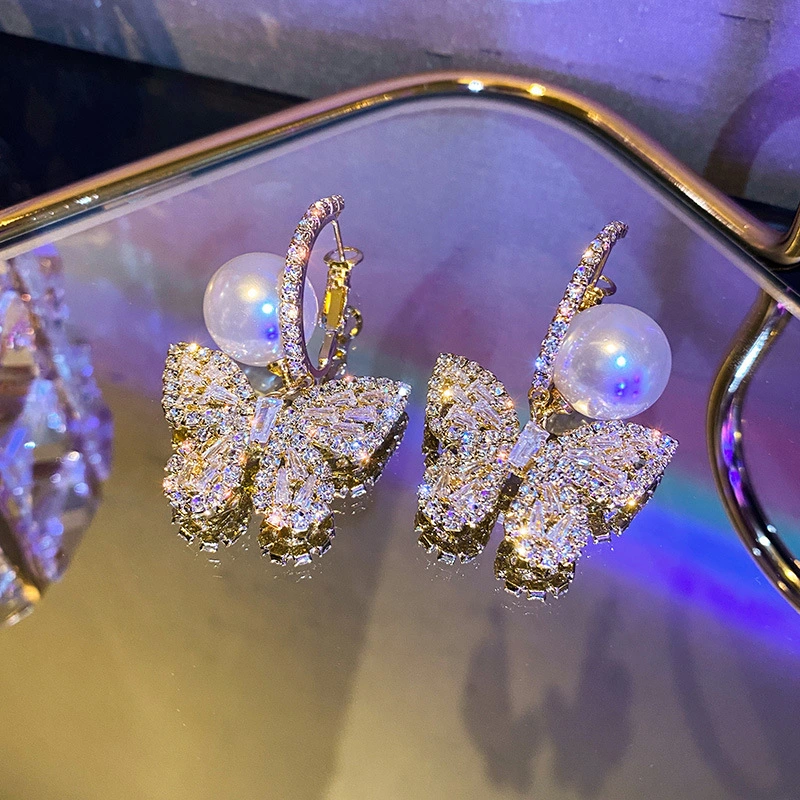 Alloy Pearl Diamond Zircon Butterfly Earrings