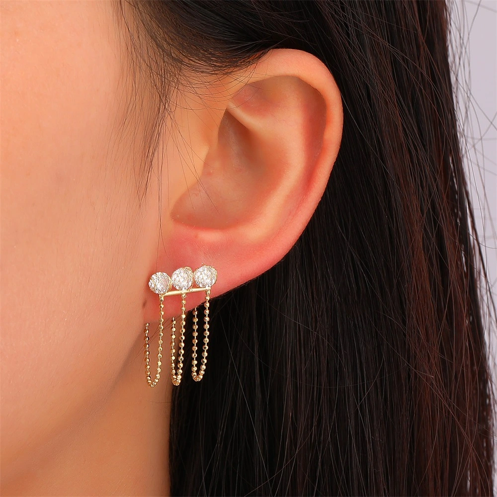 Chain Silver Needle Zircon Tassel Earrings