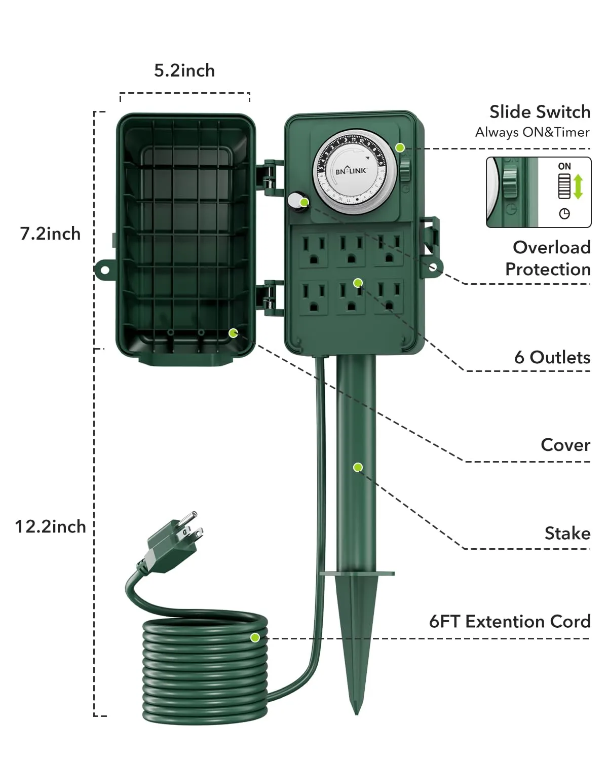 BN-LINK 24 Hour Mechanical Outdoor Multi Socket 6 Outlet Garden Power Stake with 6ft Cords, Outdoor Timer for Christmas Lights, ETL Listed, 125V, 15A/1875W