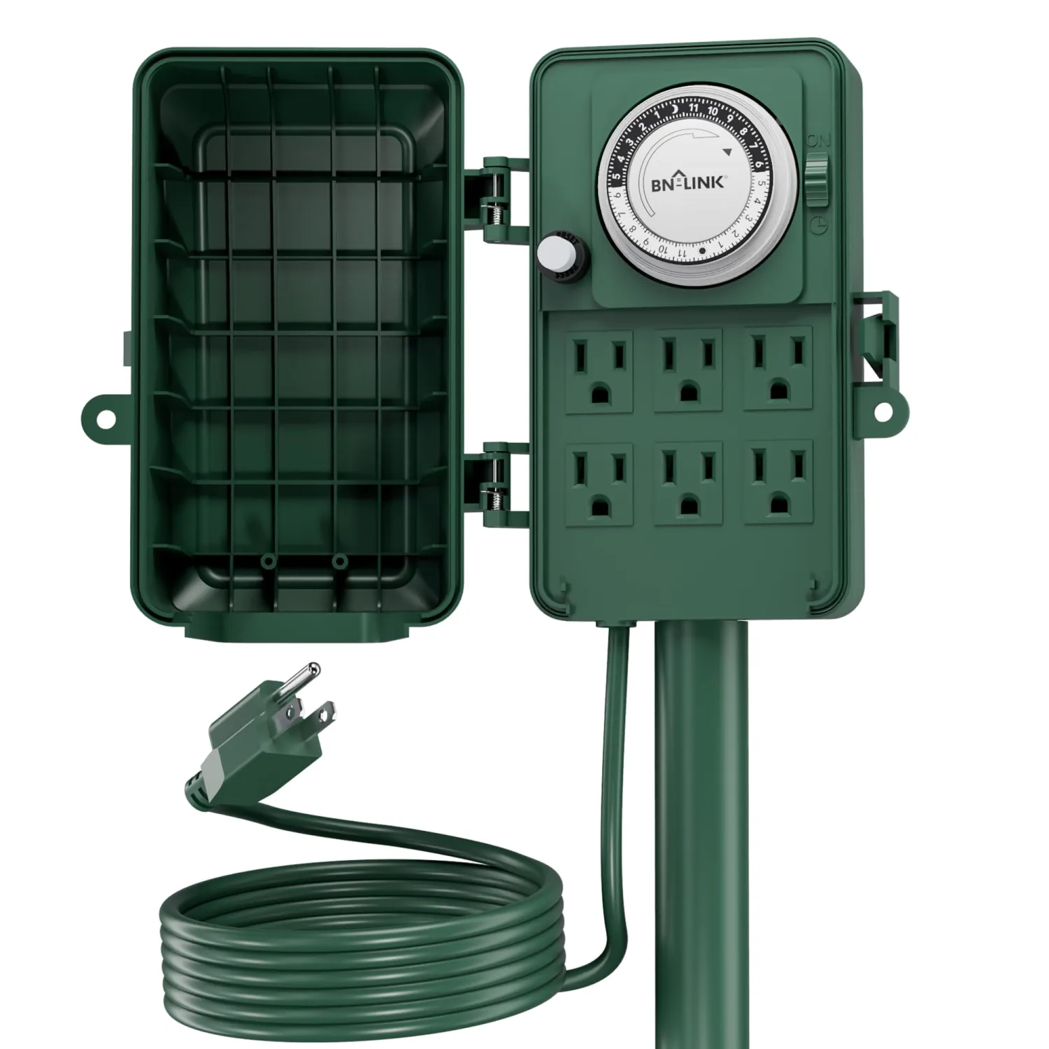 BN-LINK 24 Hour Mechanical Outdoor Multi Socket 6 Outlet Garden Power Stake with 6ft Cords, Outdoor Timer for Christmas Lights, ETL Listed, 125V, 15A/1875W