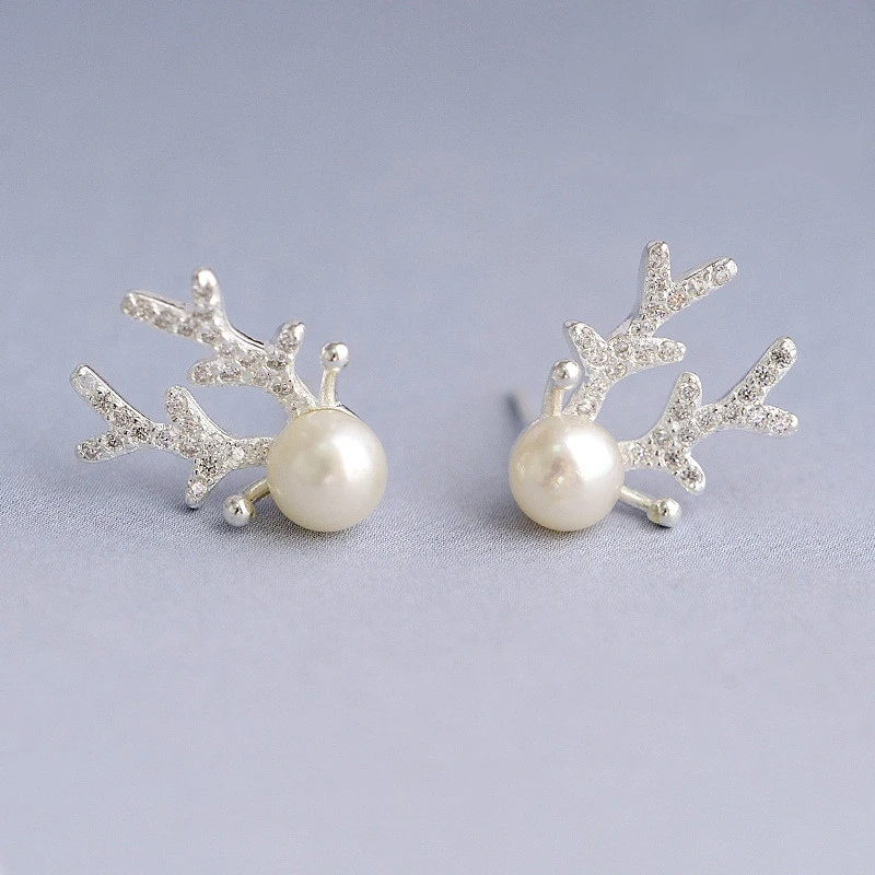 925 Sterling Silver Jewelry Natural Pearl Elk Earrings