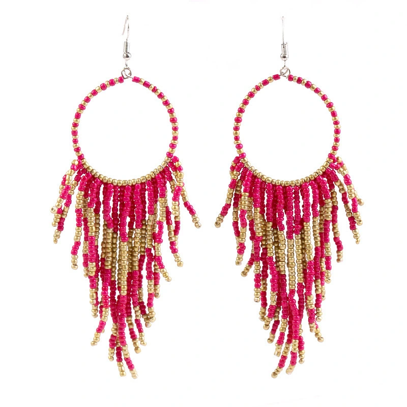 Bohemian Ethnic Style Long Rice Bead Tassel Earrings