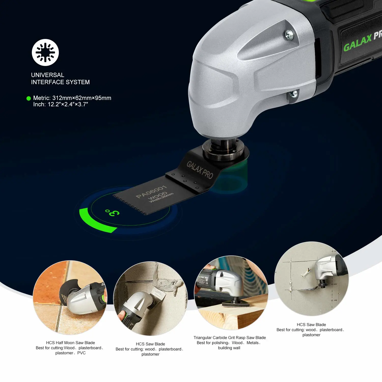 GALAX PRO 22000 OPM 1.5A Oscillating Multi Tool, 3 Degree Oscillating Angle with 3 Pieces Saw Blades, 1 Piece Semi Circle Blade Sanding Plate, 6 Pieces Sanding Papers for Grinding