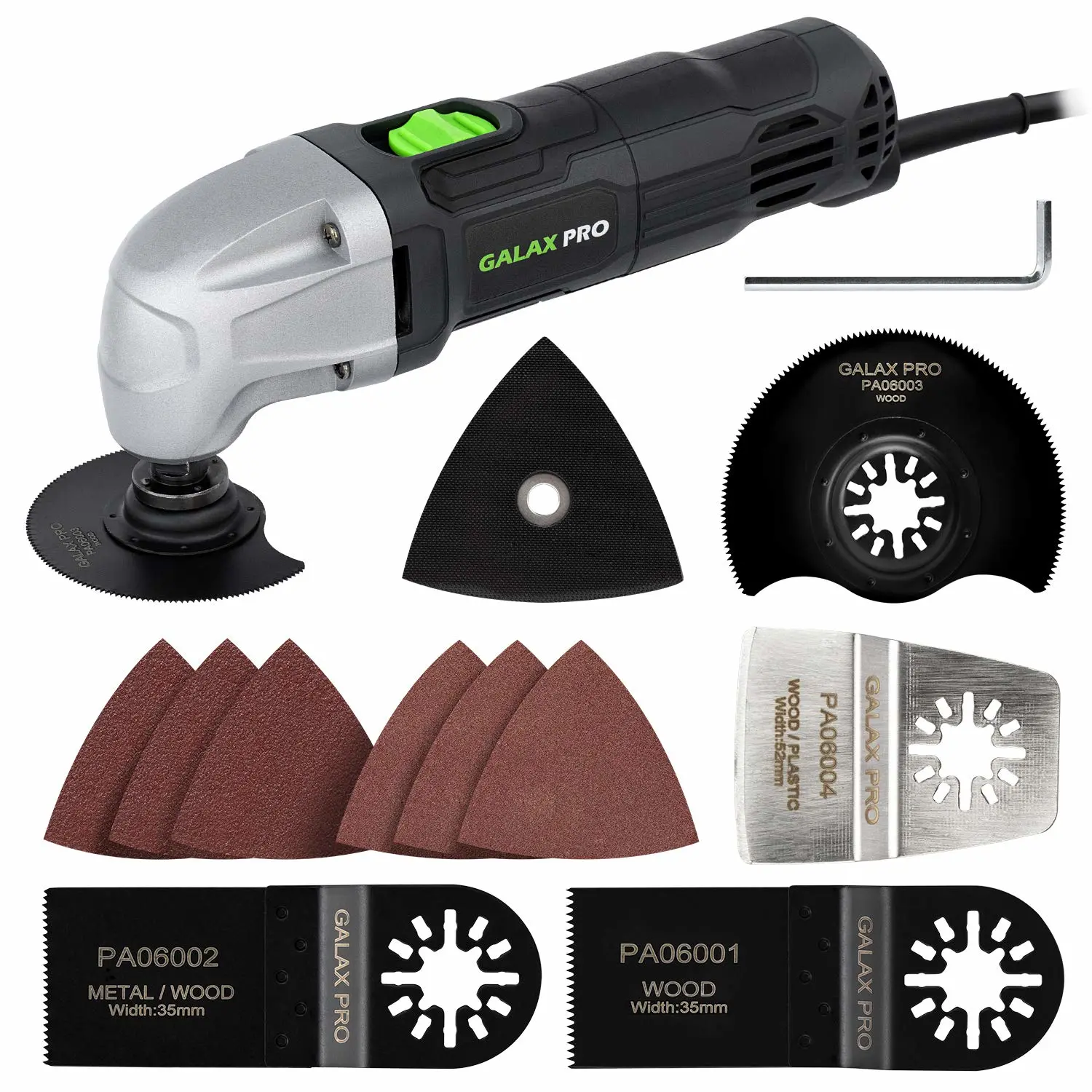 GALAX PRO 22000 OPM 1.5A Oscillating Multi Tool, 3 Degree Oscillating Angle with 3 Pieces Saw Blades, 1 Piece Semi Circle Blade Sanding Plate, 6 Pieces Sanding Papers for Grinding