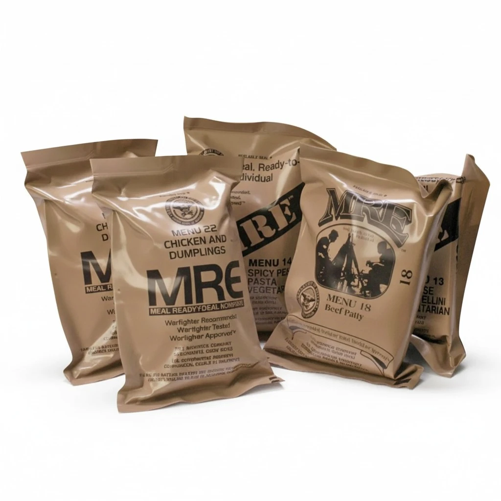 Meals Ready to Eat Surplus (Pack of 4) - MRE Emergency Food Rations w/Assorted Flavors for Camping, Survival & More - 2015 Package date or Newer