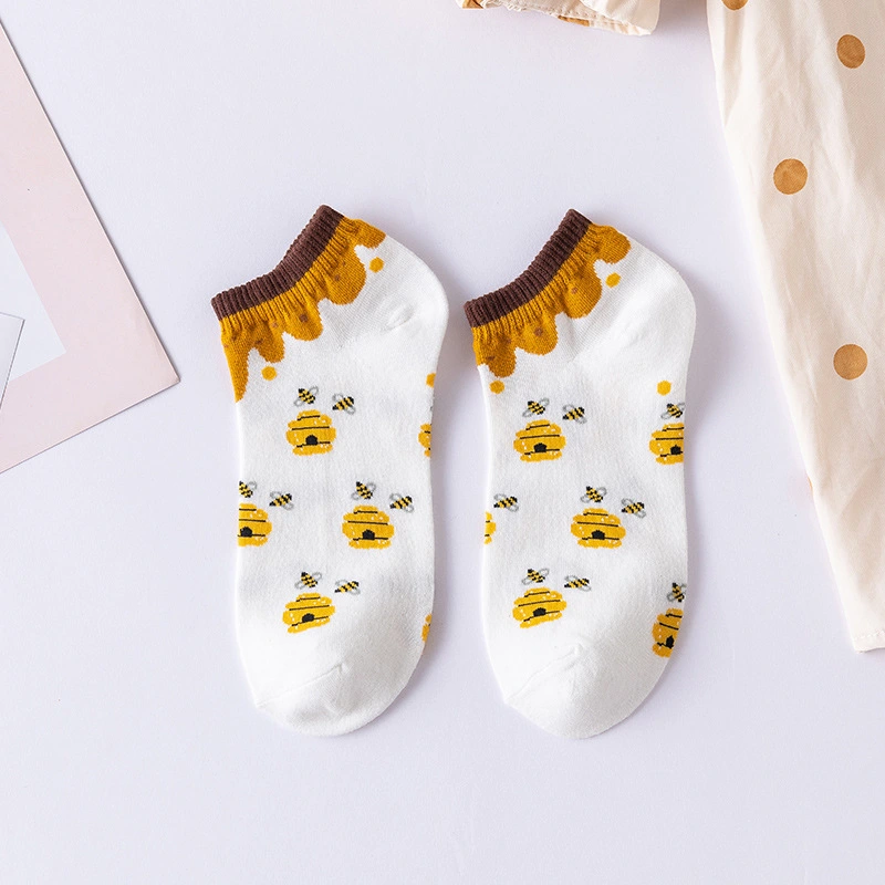 Cartoon Little Bee Boat Socks Pure Female Embroidery Combed Cotton Socks