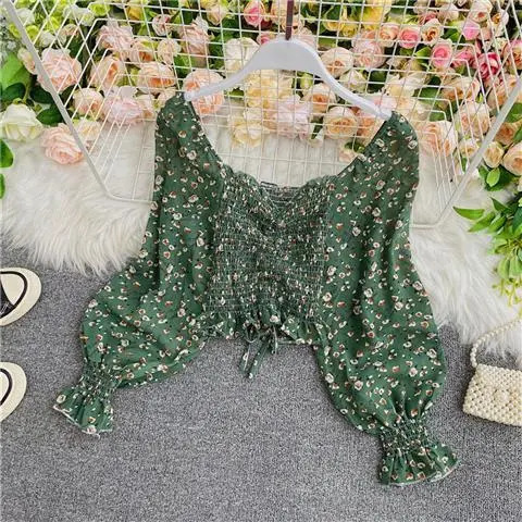 Sweet Square Neck Blouse Floral Chiffon Shirt Women
