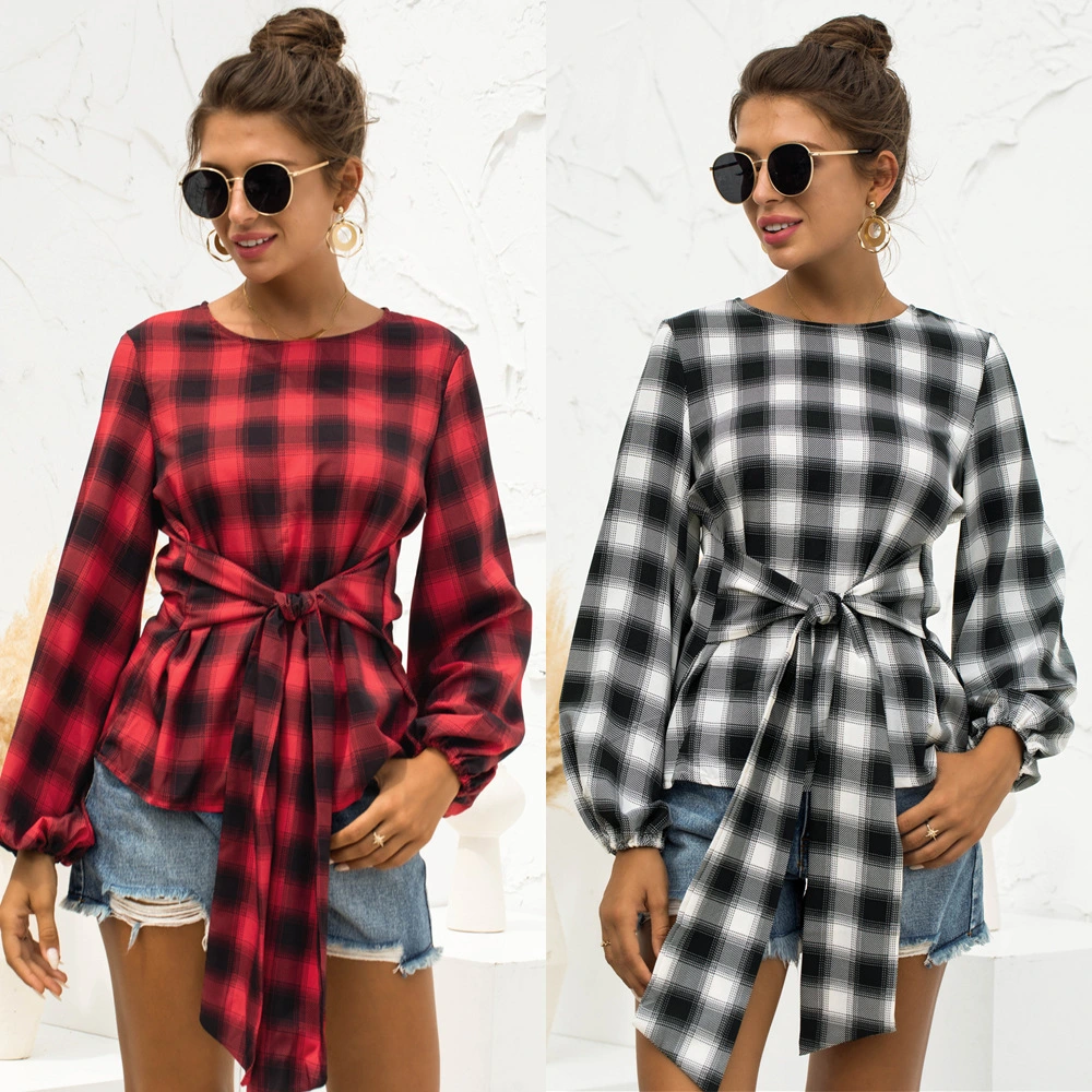 Long Sleeved Retro Plaid Lace Up Shirt