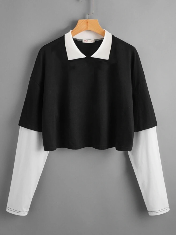 Casual Color-Blocking Contrast Collar 2-In-1 Cropped T-Shirt