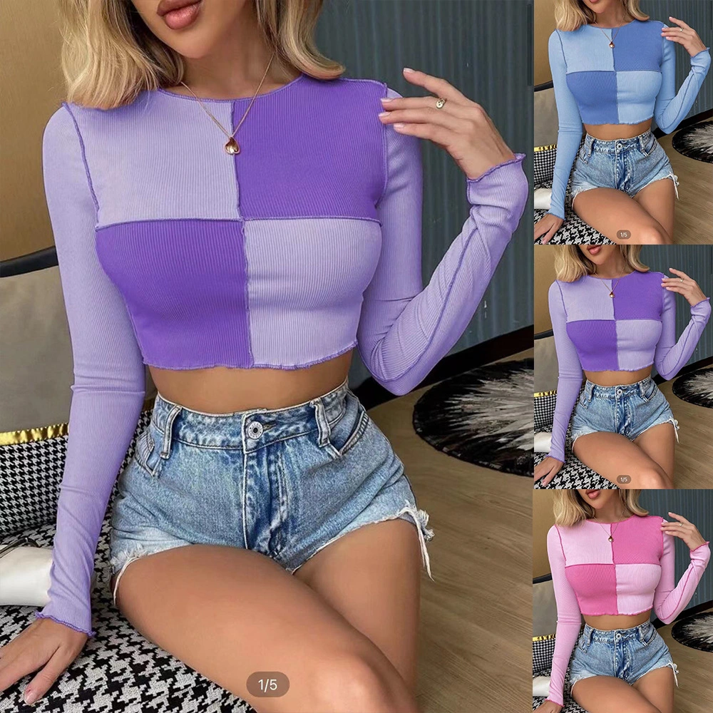 Color-Blocking Checkered Hooded Long-Sleeved Umbilical Cropped Irregular Blouse