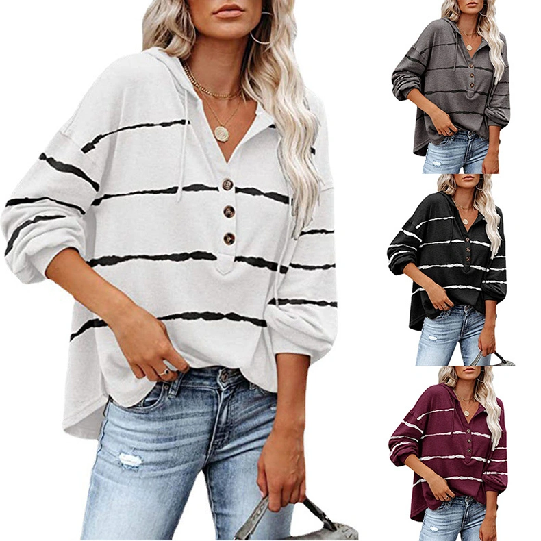 Striped V-neck Buttoned Casual Hooded Long Sleeve T-Shirt