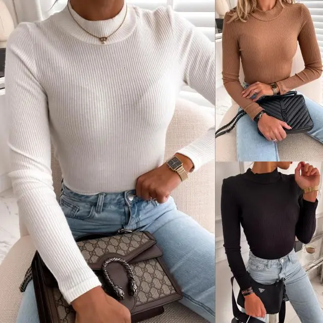 Pure Color Knitted Long-Sleeved T Bottoming Shirt For Women