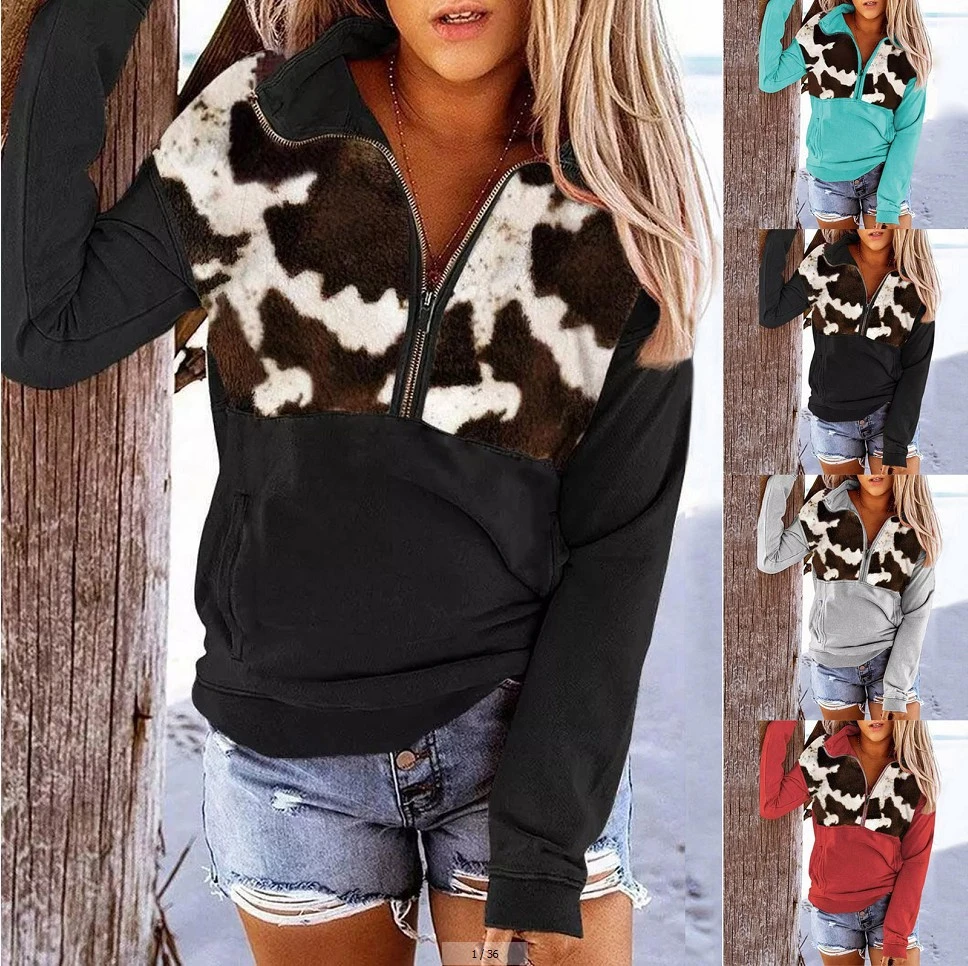 Retro Printed Zipper Pocket Ladies Sweater