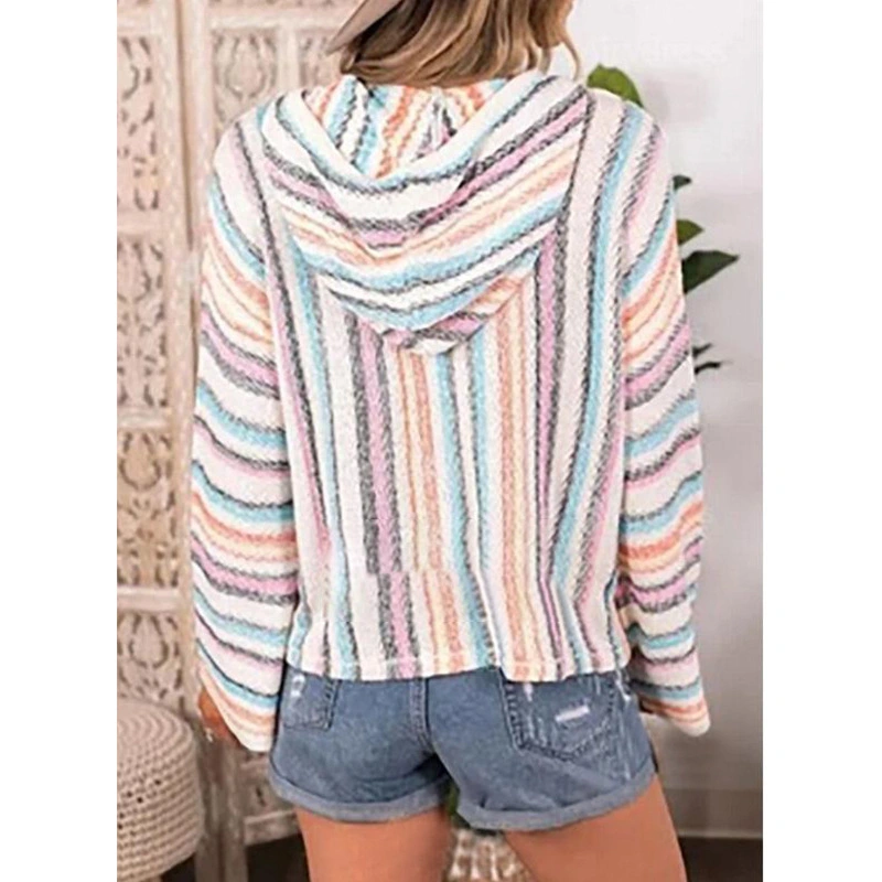 Hooded Rainbow Stripe Pullover Loose Sweatshirt