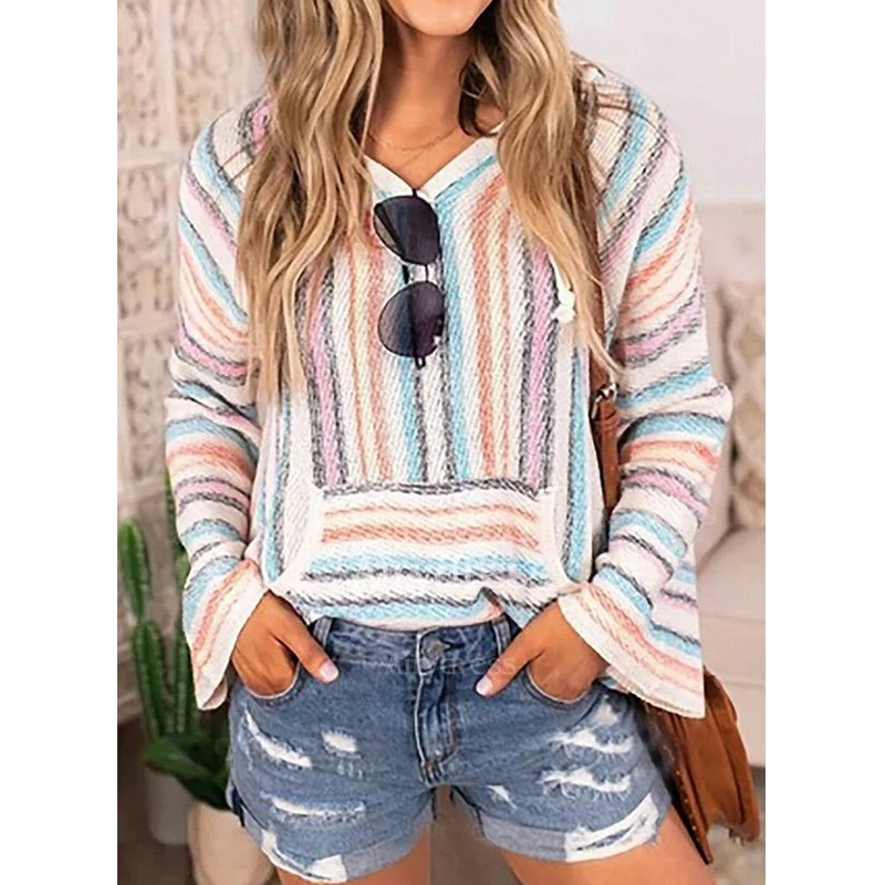 Hooded Rainbow Stripe Pullover Loose Sweatshirt