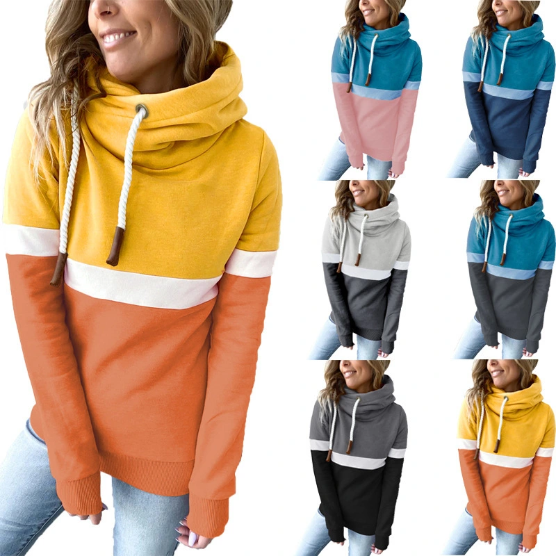 Pure Color Stitching Casual High-Neck Hooded Sweater