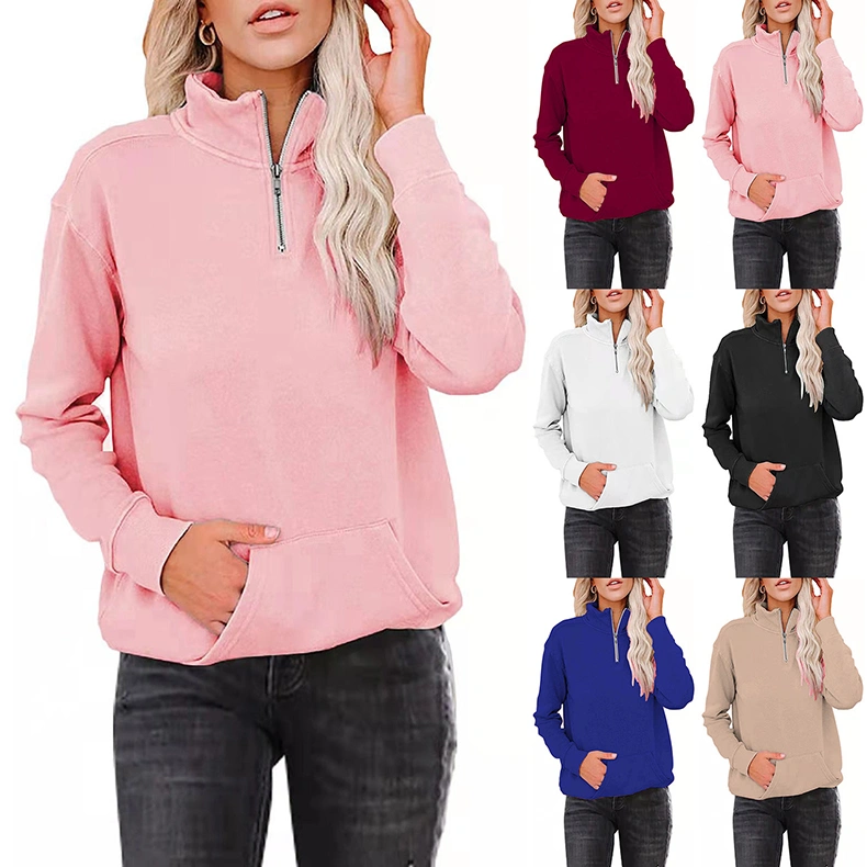 Autumn And Winter Solid Color Zipper Stand Collar Long Sleeve Sweater Women