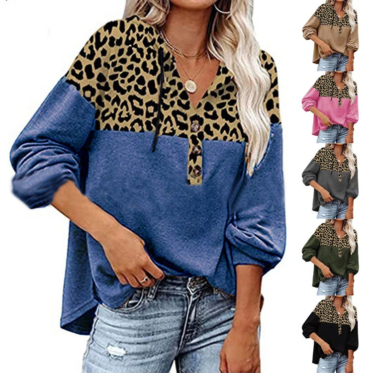 Leopard Print Stitching Loose Casual Long-Sleeved Hooded Sweater